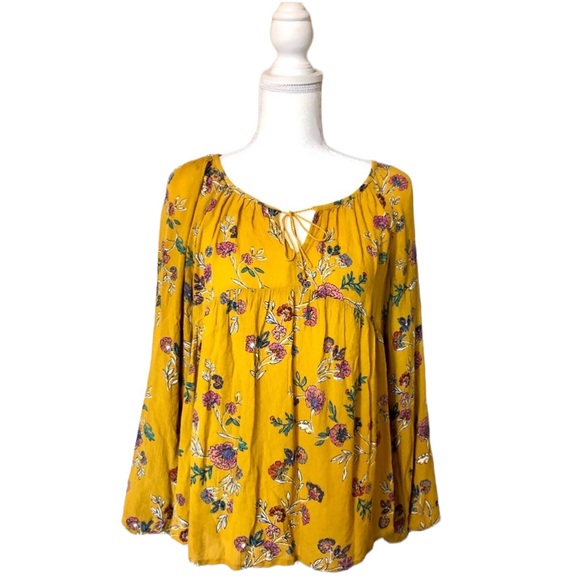Old Navy Mustard Yellow Boho Floral Front Tie Long Sleeve Peasant Blouse - Picture 5 of 14